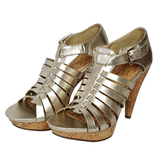 Mia Strappy Heels 9.5 Metallic Gold Open Toe Cone Heel Evening Dance Party - Picture 2 of 8
